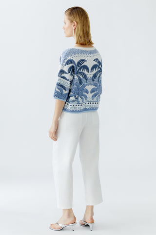 Oui Palm Tree Pattern Jumper Blue White - MMJs Fashion
