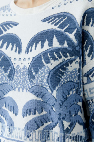 Oui Palm Tree Pattern Jumper Blue White - MMJs Fashion
