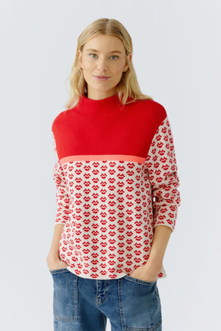 Oui Patterned Mock Neck Jumper Red - MMJs Fashion