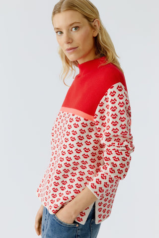 Oui Patterned Mock Neck Jumper Red - MMJs Fashion
