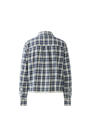 Oui Plaid Lace Trim Blouse Blue White - MMJs Fashion