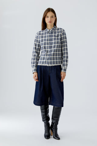 Oui Plaid Lace Trim Blouse Blue White - MMJs Fashion