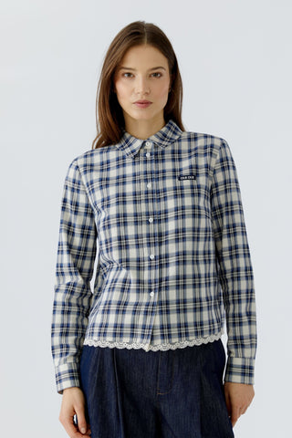 Oui Plaid Lace Trim Blouse Blue White - MMJs Fashion