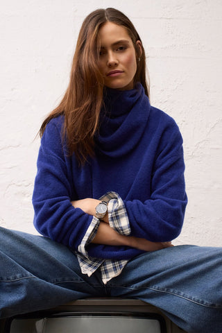 Oui Plaid Lace Trim Blouse Blue White - MMJs Fashion