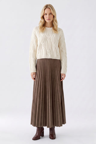 Oui Pleated Midi Length Skirt Brown - MMJs Fashion