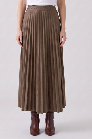 Oui Pleated Midi Length Skirt Brown - MMJs Fashion