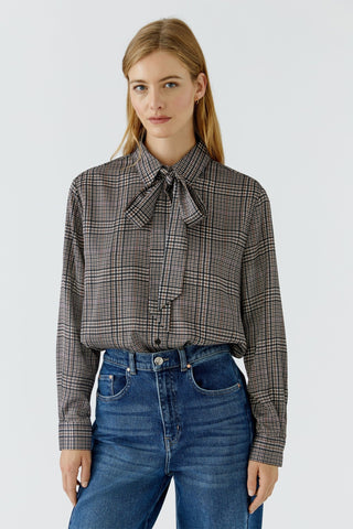 Oui Pussy Bow Checked Blouse Brown Ivory - MMJs Fashion