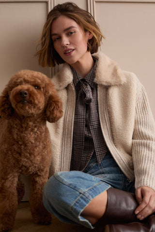 Oui Pussy Bow Checked Blouse Brown Ivory - MMJs Fashion