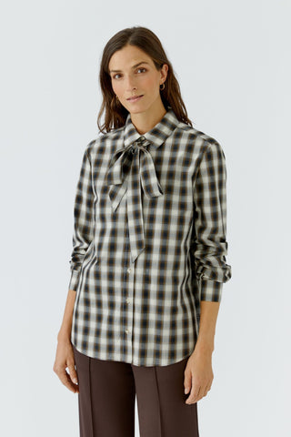 Oui Pussy Bow Checked Blouse Ivory Black - MMJs Fashion