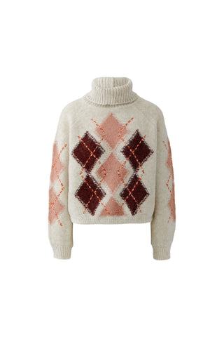 Oui Roll Neck Diamond Pattern Jumper Beige Red Pink - MMJs Fashion
