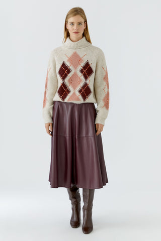 Oui Roll Neck Diamond Pattern Jumper Beige Red Pink - MMJs Fashion