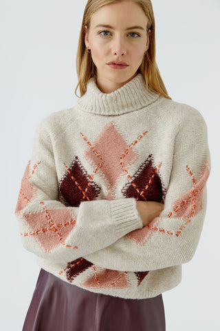 Oui Roll Neck Diamond Pattern Jumper Beige Red Pink - MMJs Fashion