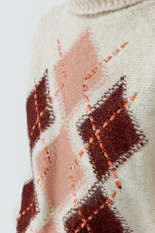 Oui Roll Neck Diamond Pattern Jumper Beige Red Pink - MMJs Fashion