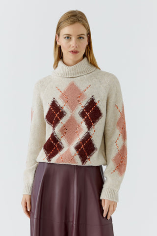 Oui Roll Neck Diamond Pattern Jumper Beige Red Pink - MMJs Fashion