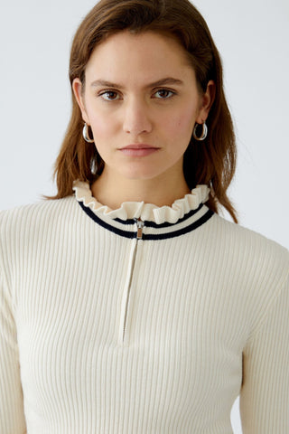 Oui Ruffle Zip Neck Jumper Ivory Blue - MMJs Fashion