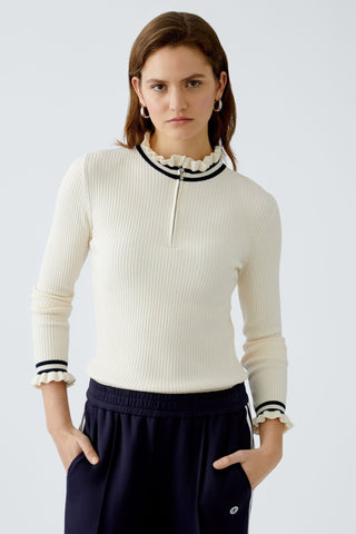Oui Ruffle Zip Neck Jumper Ivory Blue - MMJs Fashion