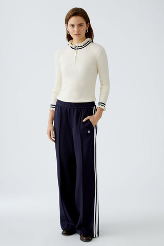 Oui Ruffle Zip Neck Jumper Ivory Blue - MMJs Fashion