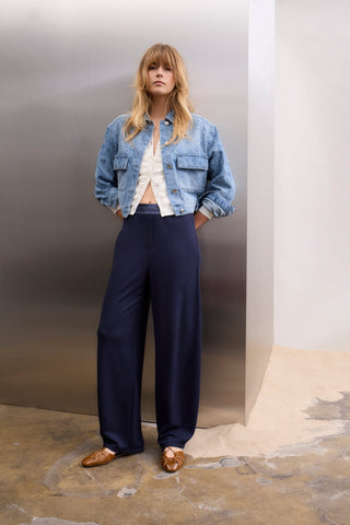 Oui Scuba Barrel Leg Trousers Navy Blue - MMJs Fashion