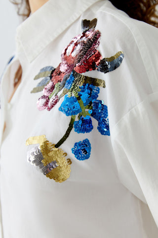Oui Sequin Flowers Blouse White - MMJs Fashion