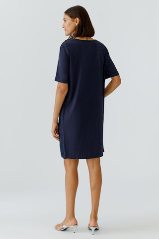 Oui Short Sleeve Linen Dress Navy Blue - MMJs Fashion