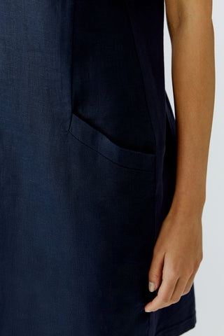 Oui Short Sleeve Linen Dress Navy Blue - MMJs Fashion