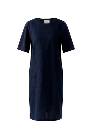 Oui Short Sleeve Linen Dress Navy Blue - MMJs Fashion