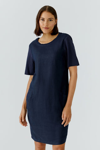 Oui Short Sleeve Linen Dress Navy Blue - MMJs Fashion