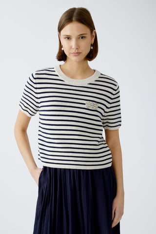 Oui Striped Short Sleeved Jumper Ivory Blue - MMJs Fashion