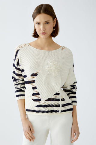 Oui Textured Knit Striped Jumper Ivory Blue - MMJs Fashion