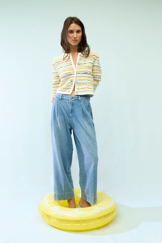 Oui Textured Stripe Cardigan Yellow White - MMJs Fashion