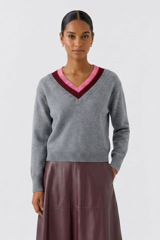 Oui V-Neck Jumper Grey Red Pink - MMJs Fashion