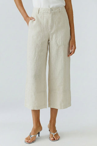 Oui Wide Leg Cropped Linen Trousers Beige - MMJs Fashion