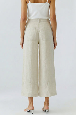 Oui Wide Leg Cropped Linen Trousers Beige - MMJs Fashion