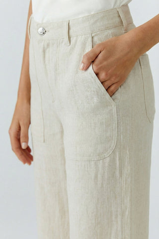 Oui Wide Leg Cropped Linen Trousers Beige - MMJs Fashion