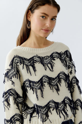Oui Zig Zag Tassel Jumper Ivory Blue - MMJs Fashion