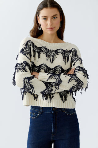 Oui Zig Zag Tassel Jumper Ivory Blue - MMJs Fashion