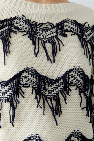 Oui Zig Zag Tassel Jumper Ivory Blue - MMJs Fashion