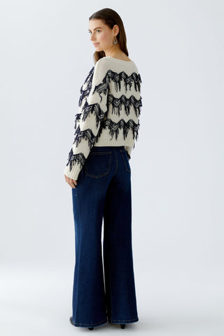 Oui Zig Zag Tassel Jumper Ivory Blue - MMJs Fashion