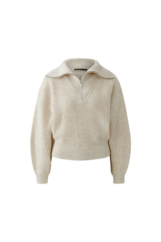 Oui Zip Neck Rib Knit Jumper Beige - MMJs Fashion