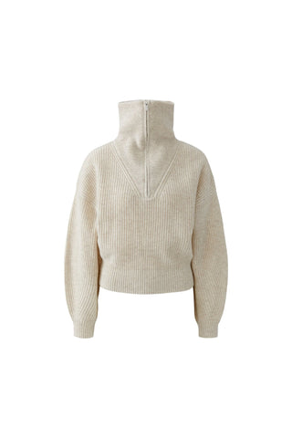 Oui Zip Neck Rib Knit Jumper Beige - MMJs Fashion