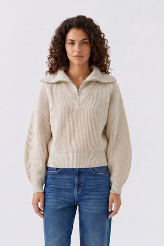 Oui Zip Neck Rib Knit Jumper Beige - MMJs Fashion