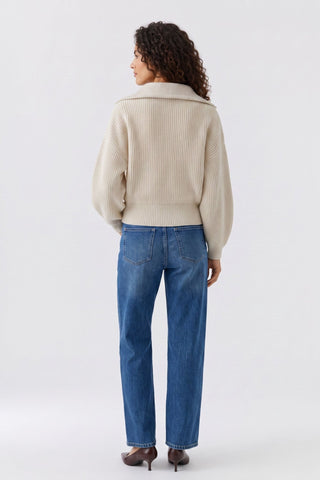 Oui Zip Neck Rib Knit Jumper Beige - MMJs Fashion