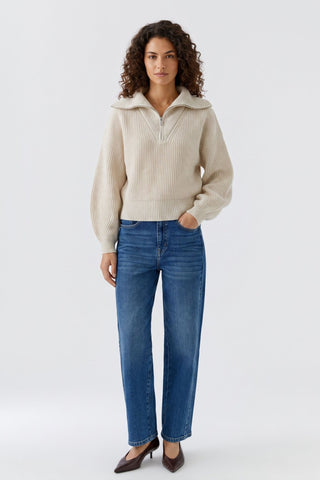 Oui Zip Neck Rib Knit Jumper Beige - MMJs Fashion