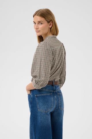 Part Two Check Puff Sleeve Blouse Brown Chinette - MMJs Fashion