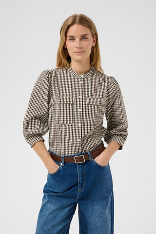 Part Two Check Puff Sleeve Blouse Brown Chinette - MMJs Fashion