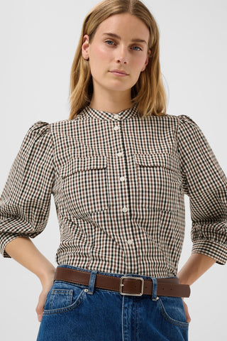 Part Two Check Puff Sleeve Blouse Brown Chinette - MMJs Fashion