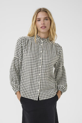 Part Two Checked Frill Neck Blouse Navy Blue Samilla - MMJs Fashion