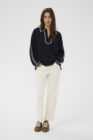 Part Two Contrast Trim Blouse Navy Blue Aimy - MMJs Fashion