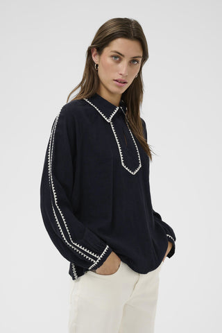 Part Two Contrast Trim Blouse Navy Blue Aimy - MMJs Fashion