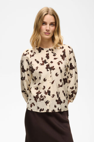 Part Two Feather Flower Print Blouse Beige Brown Channie - MMJs Fashion